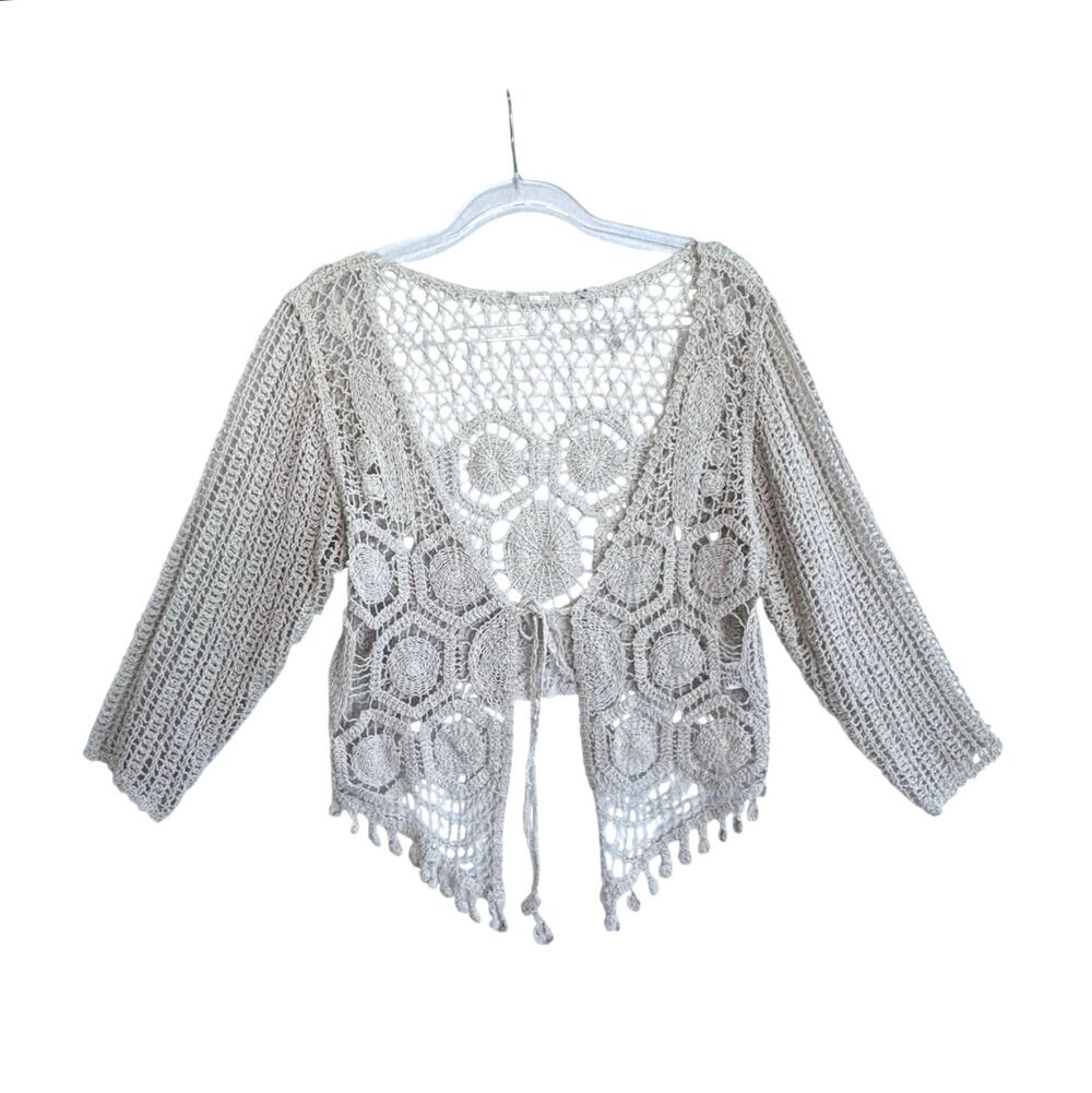 Boho Crochet Tie Front Cardigan Open Knit Cotton Festival Beach Coverup Layered